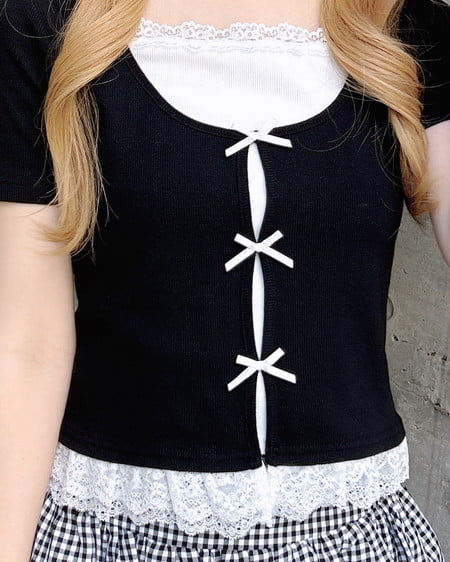 INGNI（イング） レイヤード前リボンリブトップス ｸﾛ