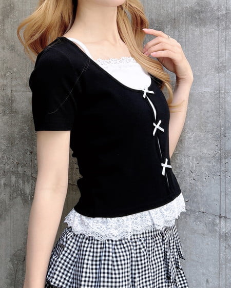 INGNI（イング） レイヤード前リボンリブトップス ｸﾛ