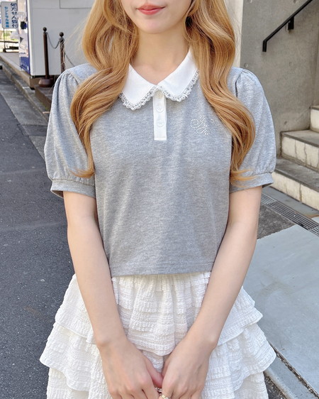 INGNI（イング） 襟レース付胸ロゴポロシャツ ｸﾞﾚｰ