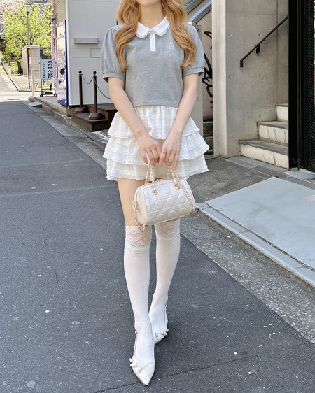 INGNI（イング） 襟レース付胸ロゴポロシャツ ｸﾞﾚｰ