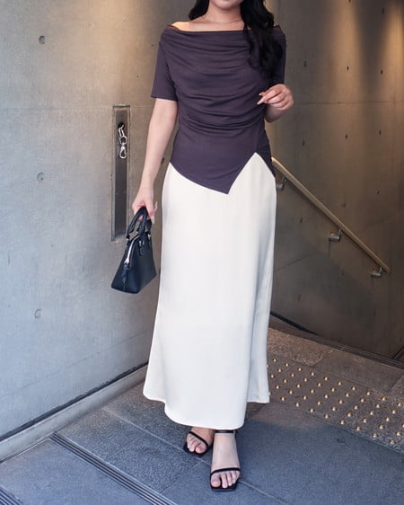 INGNI（イング） アシメドレープ半袖トップス ﾁｬｺｰﾙｸﾞﾚｰ