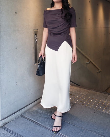 INGNI（イング） アシメドレープ半袖トップス ﾁｬｺｰﾙｸﾞﾚｰ