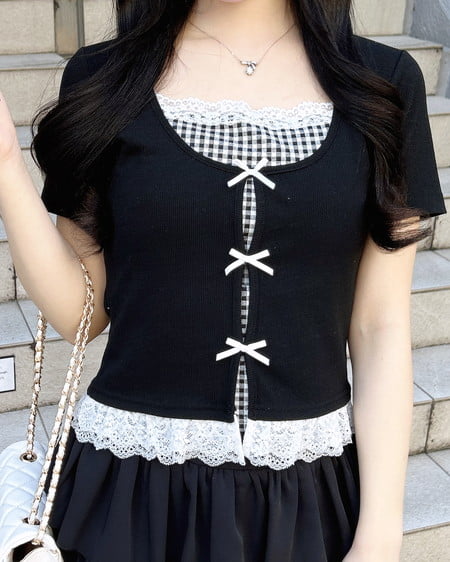 INGNI(イング) レイヤード前リボンリブトップス クロ/ギンガム