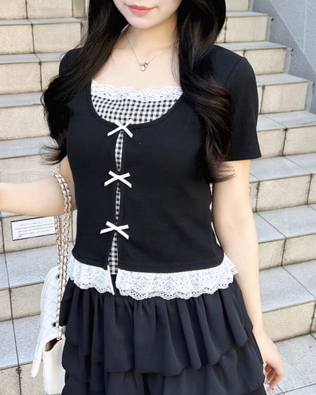 INGNI(イング) レイヤード前リボンリブトップス クロ/ギンガム