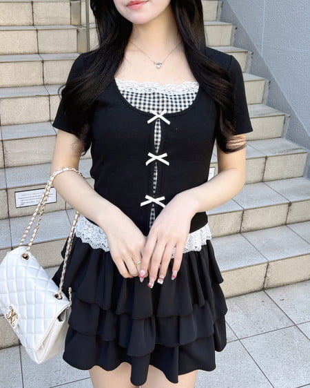 INGNI(イング) レイヤード前リボンリブトップス クロ/ギンガム