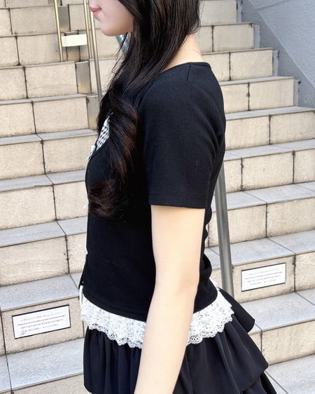 INGNI(イング) レイヤード前リボンリブトップス クロ/ギンガム