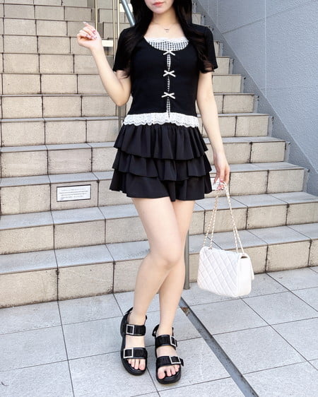 INGNI(イング) レイヤード前リボンリブトップス クロ/ギンガム