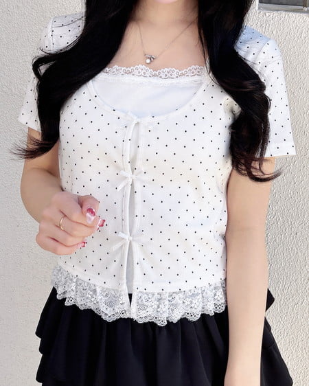 レイヤード前リボンリブトップス