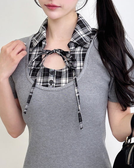 INGNI（イング） チェックシャツドッキングニットワンピース ｸﾞﾚｰ/ｸﾛ