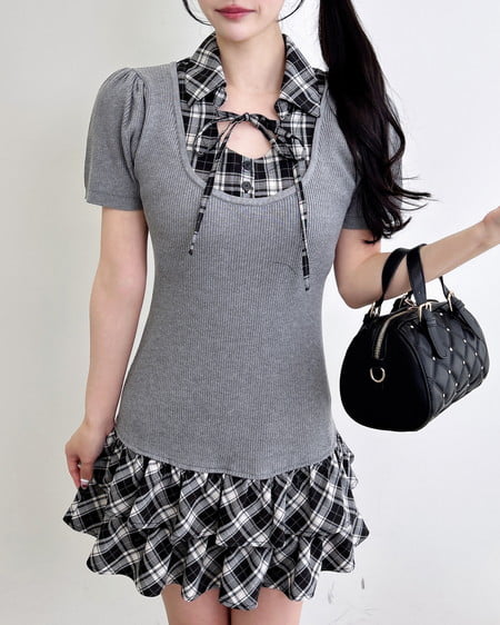 INGNI（イング） チェックシャツドッキングニットワンピース ｸﾞﾚｰ/ｸﾛ