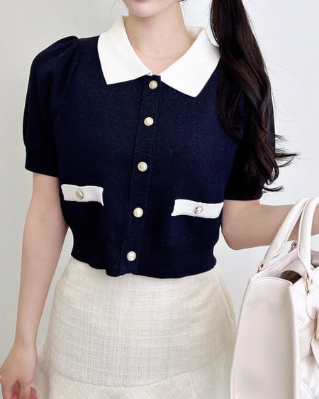 INGNI（イング） 配色ラメ半袖ニットカーディガン ｺﾝ/ｵﾌﾎﾜｲﾄ