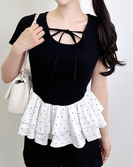 INGNI（イング） 切替ペプラムリボントップス ｸﾛ/ﾄﾞｯﾄ