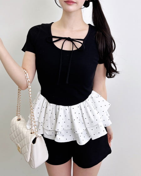 INGNI（イング） 切替ペプラムリボントップス ｸﾛ/ﾄﾞｯﾄ