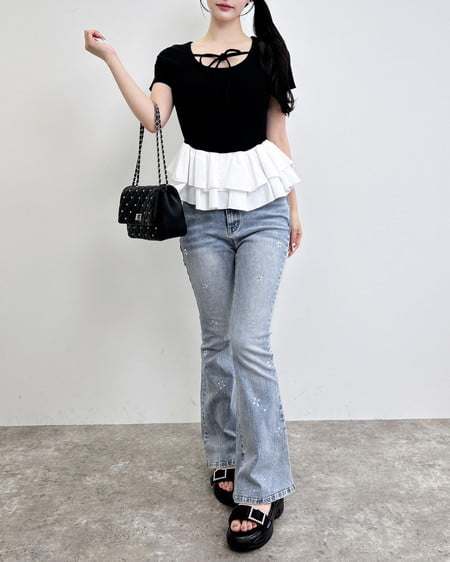 INGNI（イング） 切替ペプラムリボントップス ｸﾛ/ｵﾌﾎﾜｲﾄ