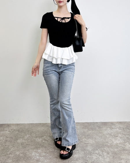 INGNI（イング） 切替ペプラムリボントップス ｸﾛ/ｵﾌﾎﾜｲﾄ