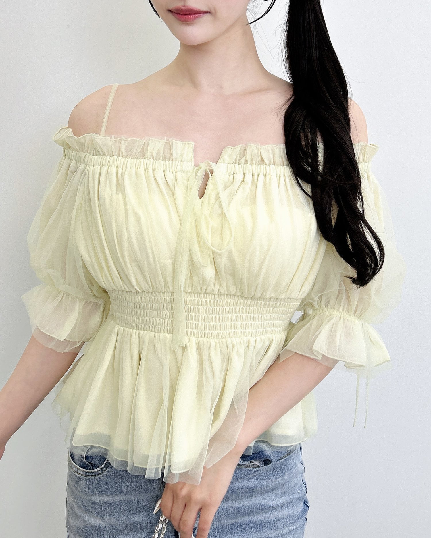 チュールオフショル半袖ブラウス