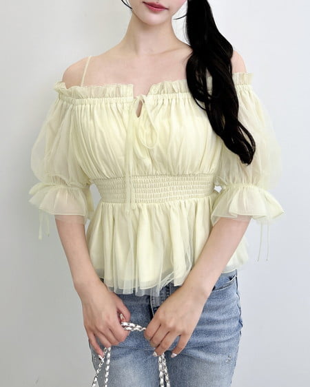 INGNI（イング） チュールオフショル半袖ブラウス ｲｴﾛｰ