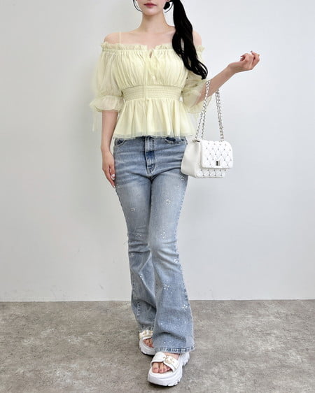 INGNI（イング） チュールオフショル半袖ブラウス ｲｴﾛｰ