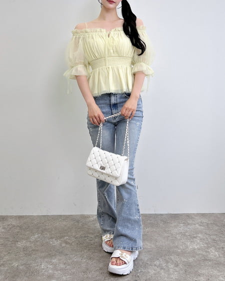 INGNI（イング） チュールオフショル半袖ブラウス ｲｴﾛｰ