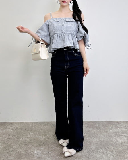 INGNI（イング） ツイードペプラムオフショルブラウス ｻｯｸｽ