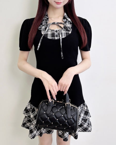 INGNI（イング） チェックシャツドッキングニットワンピース ｸﾛ/ｸﾛ