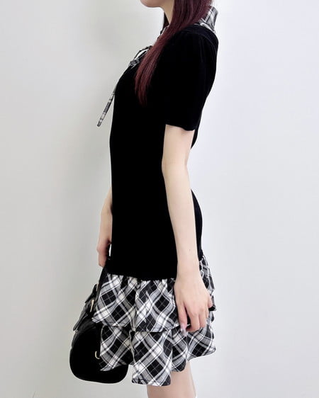 INGNI（イング） チェックシャツドッキングニットワンピース ｸﾛ/ｸﾛ