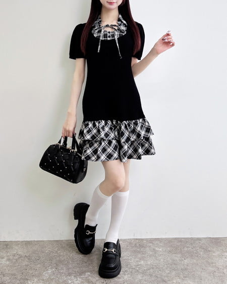 INGNI（イング） チェックシャツドッキングニットワンピース ｸﾛ/ｸﾛ