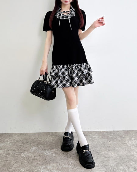 INGNI（イング） チェックシャツドッキングニットワンピース ｸﾛ/ｸﾛ