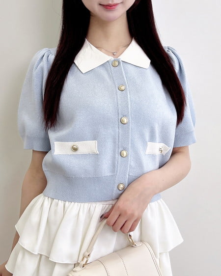 INGNI(イング) 配色ラメ半袖ニットカーディガン サックス/オフホワイト