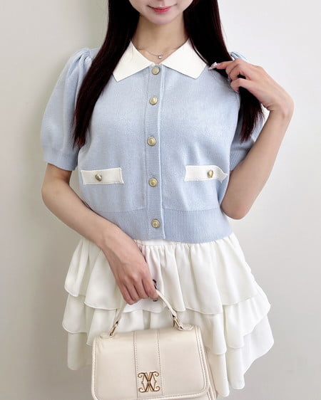 INGNI(イング) 配色ラメ半袖ニットカーディガン サックス/オフホワイト