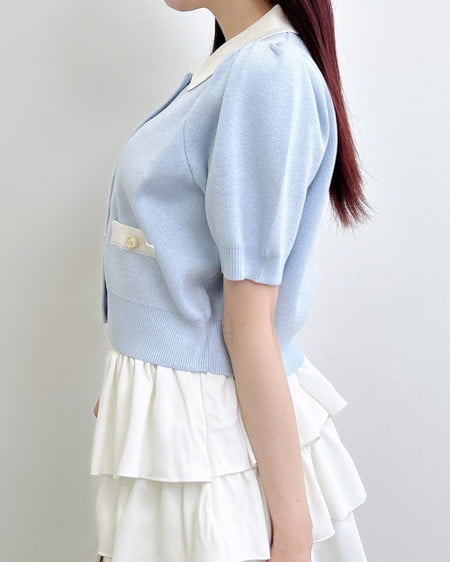 INGNI(イング) 配色ラメ半袖ニットカーディガン サックス/オフホワイト