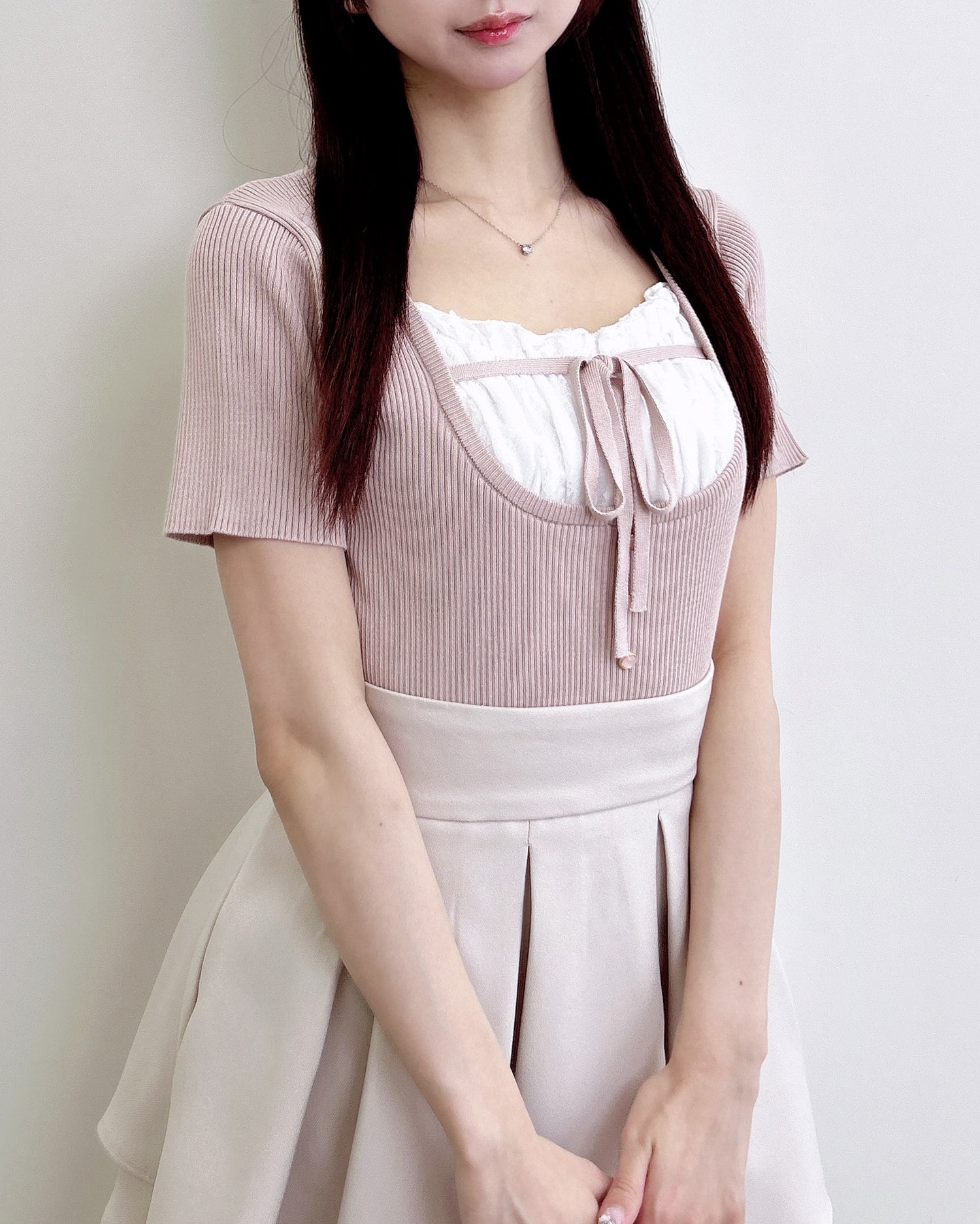 フロントレースドッキング半袖ニット