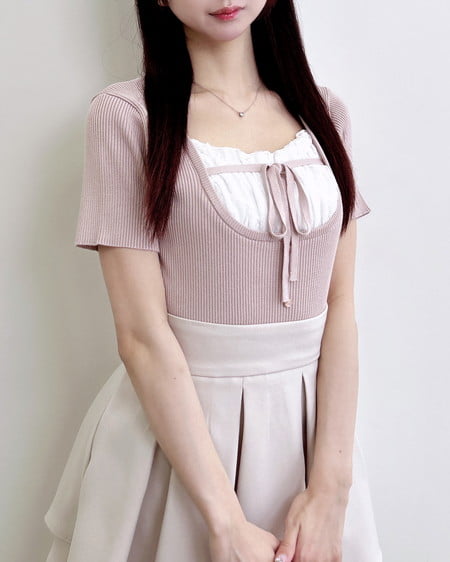 フロントレースドッキング半袖ニット