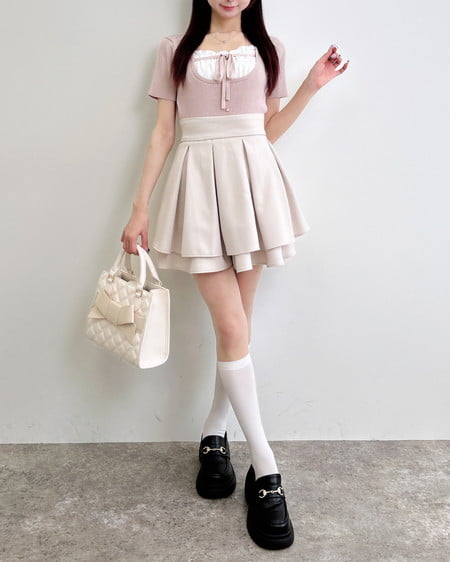 INGNI（イング） フロントレースドッキング半袖ニット ﾋﾟﾝｸ/ｵﾌﾎﾜｲﾄ