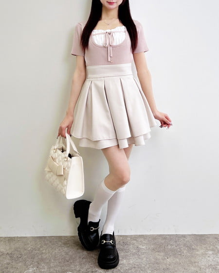 INGNI（イング） フロントレースドッキング半袖ニット ﾋﾟﾝｸ/ｵﾌﾎﾜｲﾄ