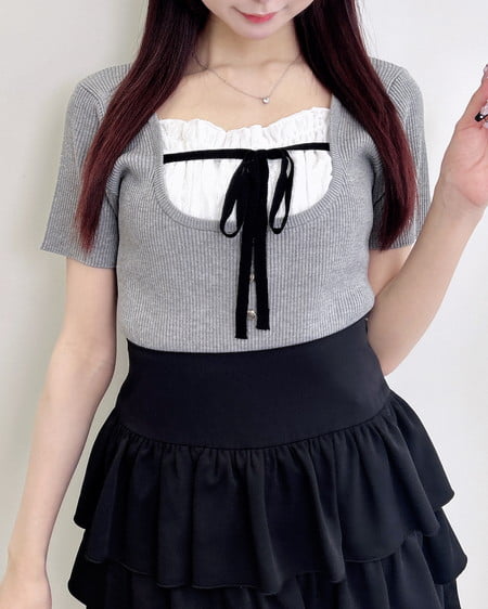 フロントレースドッキング半袖ニット