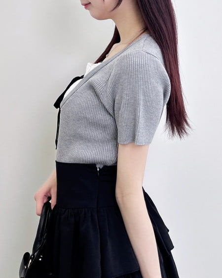 INGNI（イング） フロントレースドッキング半袖ニット ｸﾞﾚｰ/ｵﾌﾎﾜｲﾄ