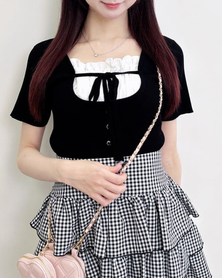 INGNI（イング） フロントレースドッキング半袖ニット ｸﾛ/ｵﾌﾎﾜｲﾄ