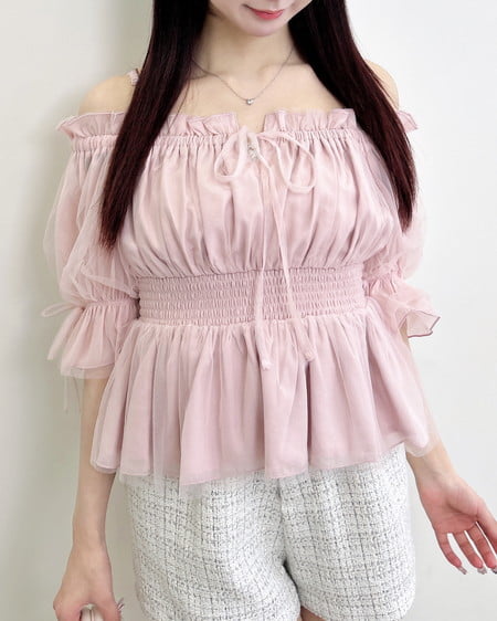 INGNI（イング） チュールオフショル半袖ブラウス ﾋﾟﾝｸ