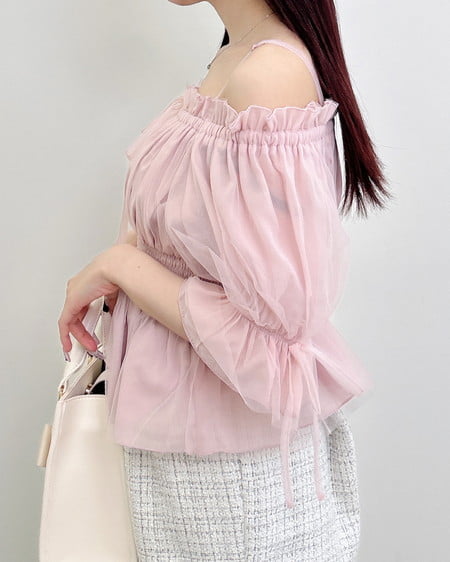 INGNI（イング） チュールオフショル半袖ブラウス ﾋﾟﾝｸ