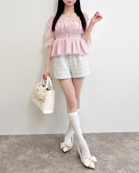 INGNI（イング） チュールオフショル半袖ブラウス ﾋﾟﾝｸ