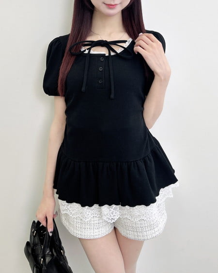 INGNI（イング） ヘンリーネックペプラムリブトップス ｸﾛ