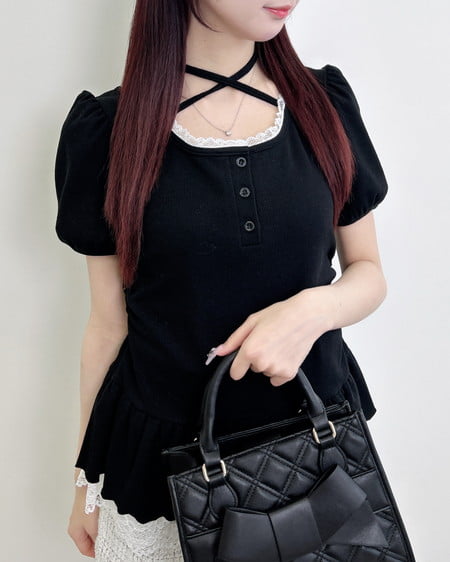 INGNI（イング） ヘンリーネックペプラムリブトップス ｸﾛ