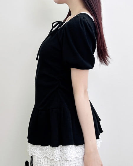 INGNI（イング） ヘンリーネックペプラムリブトップス ｸﾛ