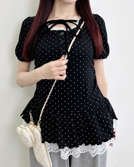 INGNI（イング） ヘンリーネックペプラムリブトップス ｸﾛｵﾌ/ﾄﾞｯﾄ