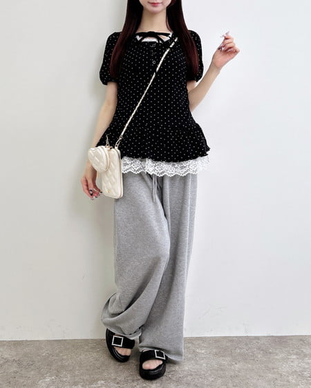 INGNI（イング） ヘンリーネックペプラムリブトップス ｸﾛｵﾌ/ﾄﾞｯﾄ