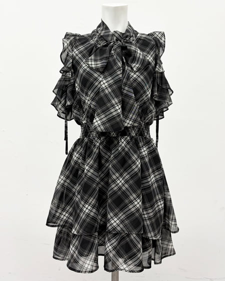 INGNI（イング） 2Wayリボン肩あきフリルミニワンピース ｸﾛ/ﾁｪｯｸ