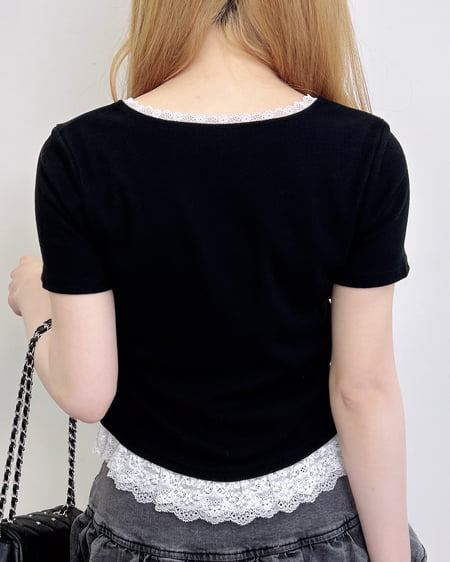 INGNI（イング） ヘンリーネックレース付プレートロゴ半袖リブトップス ｸﾛ