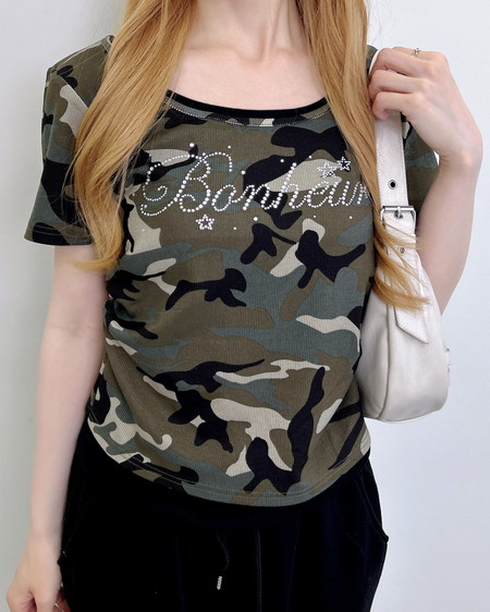 メイサイレイヤードラインストーンロゴトップス