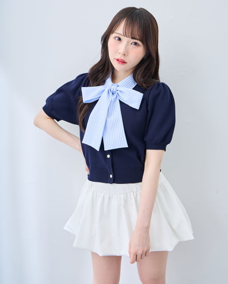 INGNI（イング） ボウタイドッキング半袖ニット ｺﾝ/ﾌﾞﾙｰｽﾄﾗｲﾌﾟ